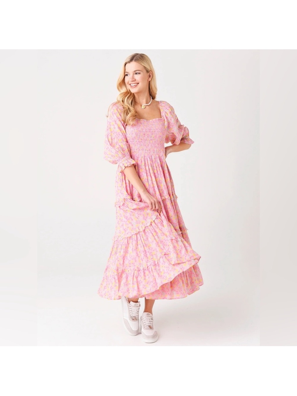 LoveShackFancy Capri Pink Floral Tiered Boho Dress Size L - Picture 4 of 6